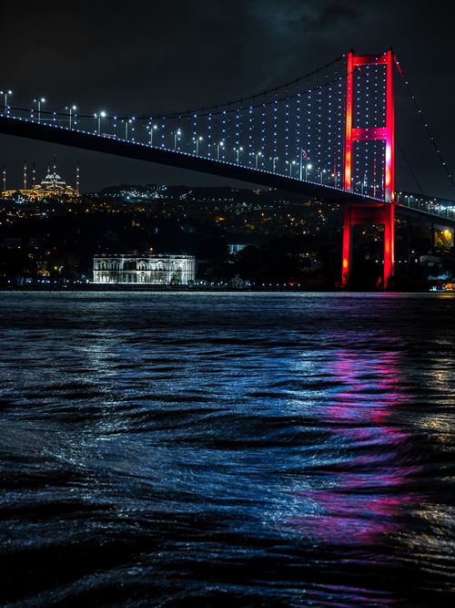 Free Night view of the 15 July Martyrs Bridge over the Bosphorus Strait in Turkey, beautifully illuminated. Stock Photo