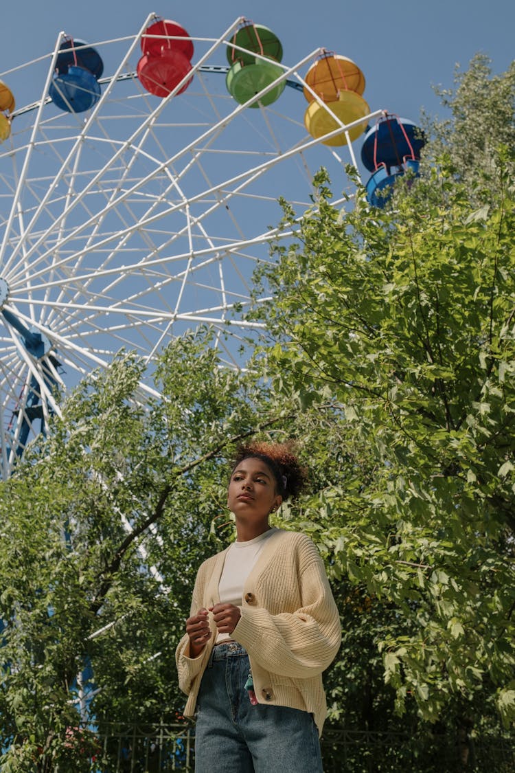 Black Girl Standing At Trees With Ferris Wheel In Background