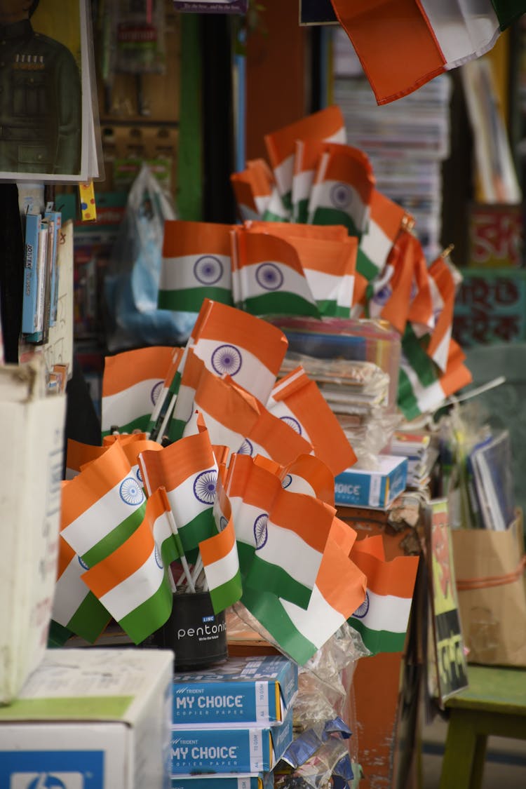 Indian Flags On Display In A Store 