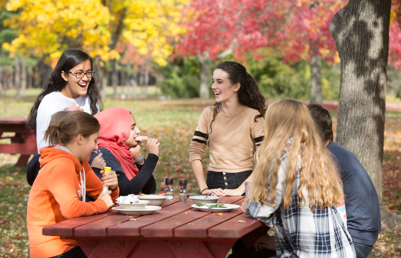 A diverse group of friends laughing and enjoying a picnic at a vibrant park in fall.