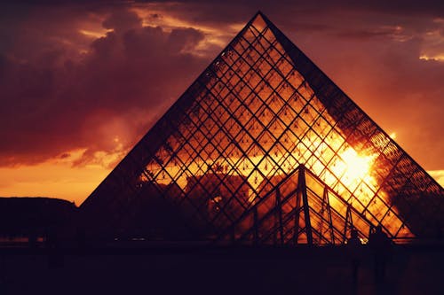 The Glass Pyramid in Louvre Museum in Paris at Sunset
