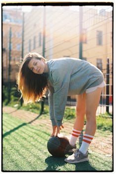 A young woman in casual sportswear stretches with a basketball on an outdoor court.