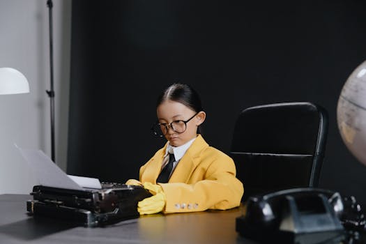 A young girl in a yellow suit typing on a retro typewriter in a classic office setting.