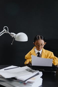 A young girl in a yellow suit reads a paper at a desk with a lamp.