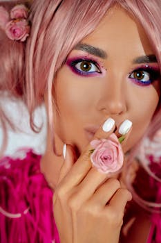Vibrant portrait of a woman with pink hair holding a rose, showcasing bold makeup.