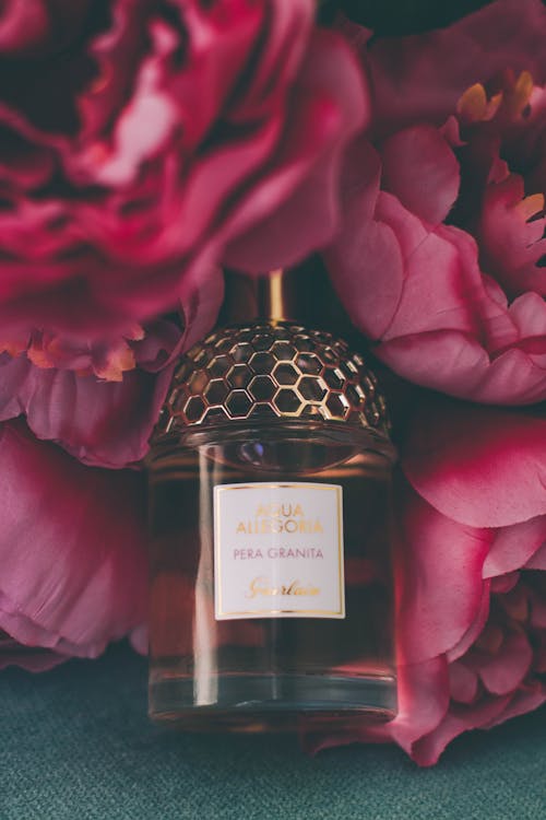 Free Perfume Bottle Surrounded by Flowers Stock Photo