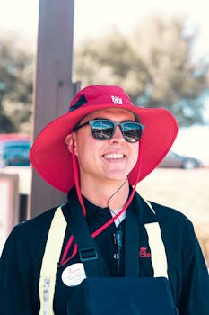 Young employee smiling in a red hat outdoors on a sunny day, wearing sunglasses and uniform.