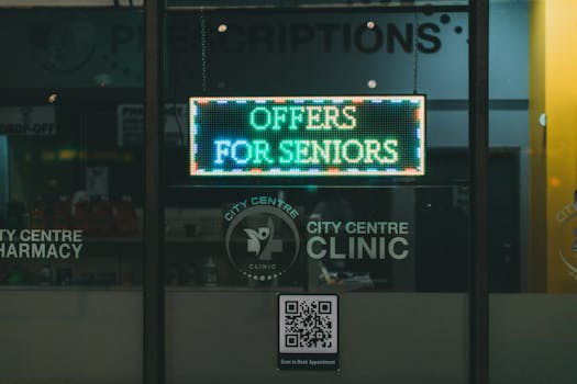 City Centre Pharmacy offers for seniors displayed on illuminated signage, encouraging walk-ins.