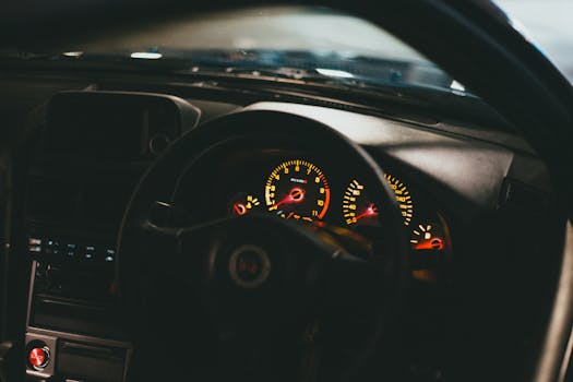 A close-up view of a car dashboard with illuminated gauges and steering wheel at night.