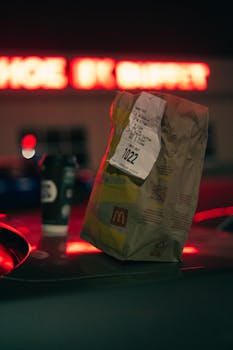 A McDonald's paper bag on a car roof at night with neon lights in the background.