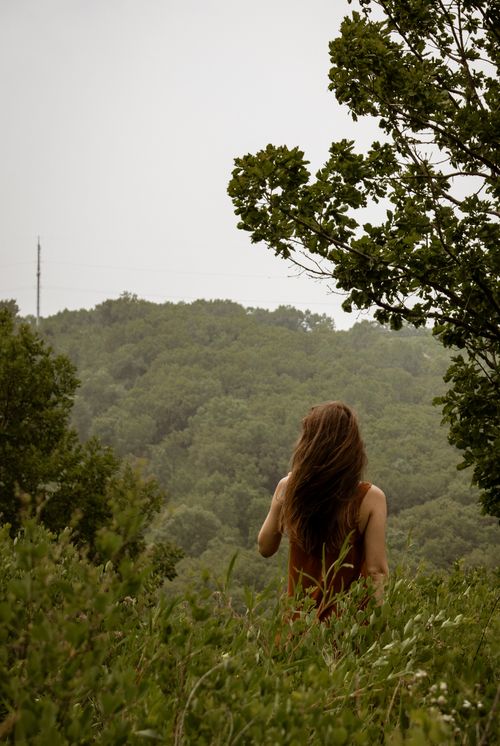 Free A woman with long hair observes the foggy countryside from a field, surrounded by lush greenery. Stock Photo