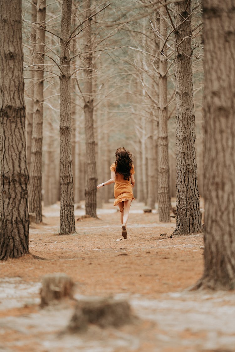 Rear View On Woman Running In Forest