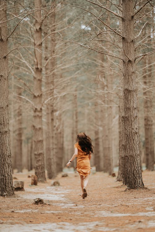 Rear view on woman in orange dress running in forest