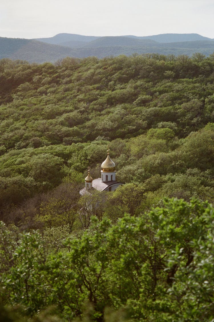 Aerial View Of An Orthodox Church Tower Visible From Above Tree Crowns 