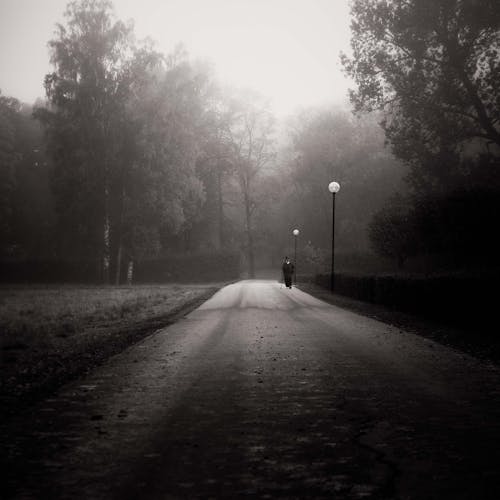 Grayscale Photo of a Person Walking on a Foggy Street