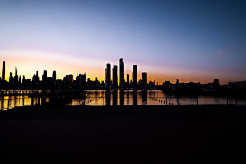 Silhouetted Modern City Skyline at Sunset 