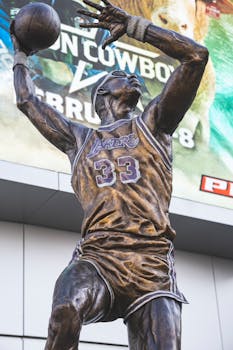 Statue of legendary basketball player Kareem Abdul-Jabbar at the Lakers' home in Los Angeles.