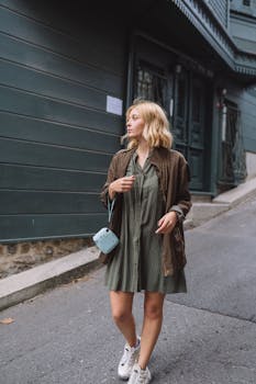 Blonde woman in casual attire walking through urban street, city adventures in mind.