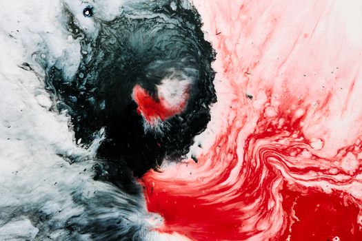 Vibrant abstract fluid art piece with swirling red, white, and black colors creating a dynamic visual effect.