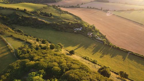 Free Aerial view of the lush English countryside with fields and trees at sunset. Stock Photo