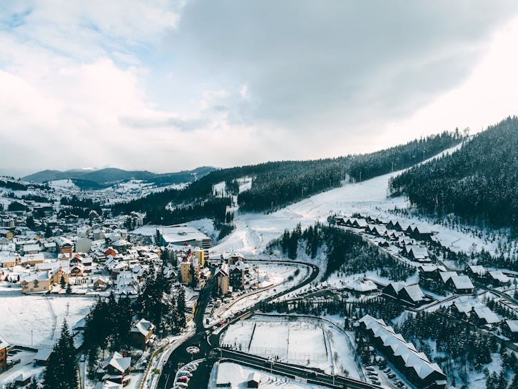 Wide Shot Of A City Covered With Snow