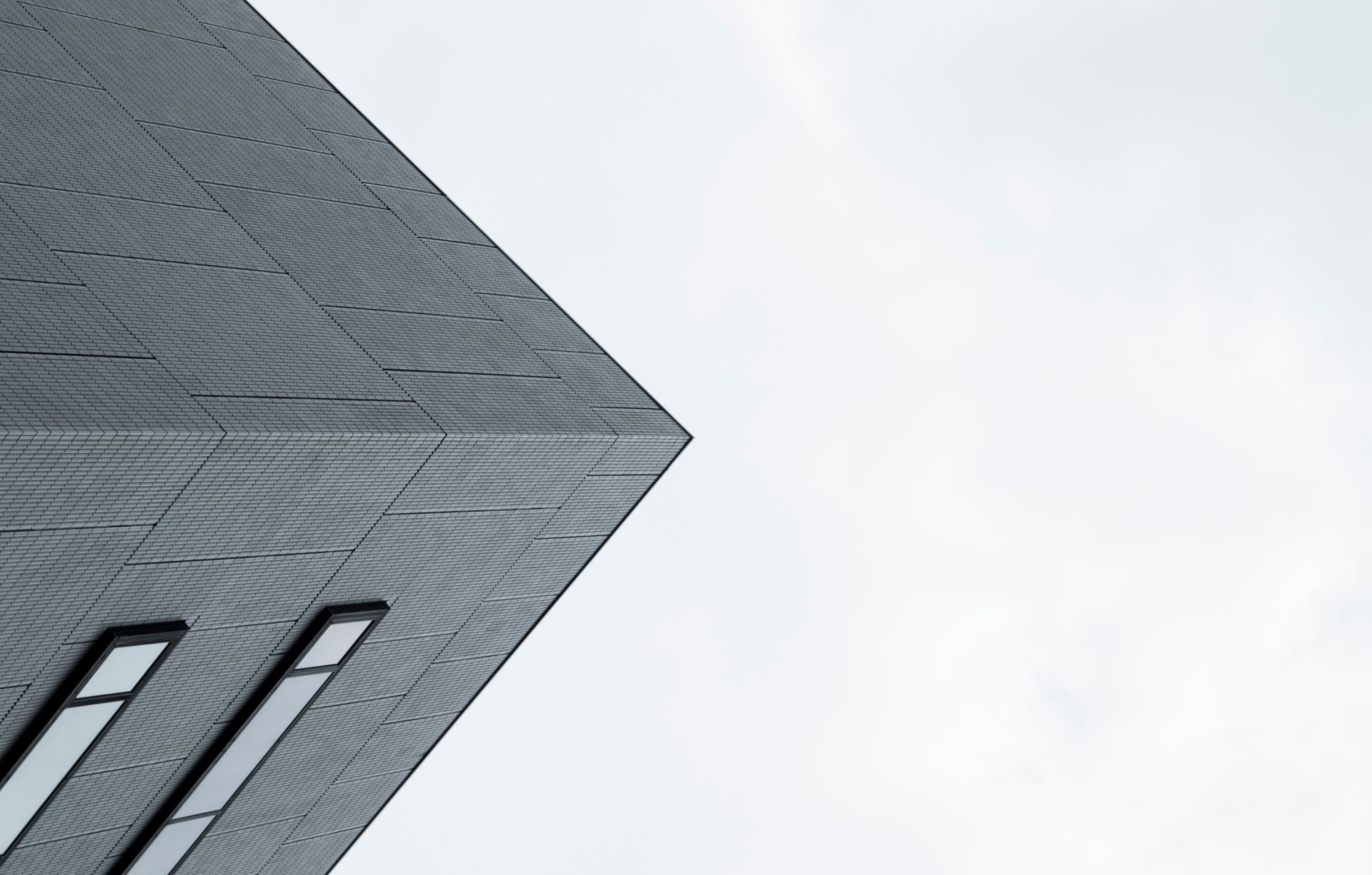 A minimalist perspective of a modern building facade with sleek windows against a pale sky.