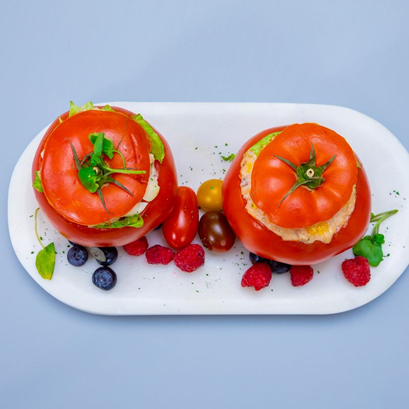 Air Fryer Swordfish with Breadcrumb-Stuffed Tomatoes