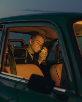 A man in a vintage car interior, lighting a cigarette under the soft glow of night lights.