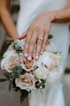 Close-up of a bridal bouquet and manicured hand showcasing an elegant engagement ring.