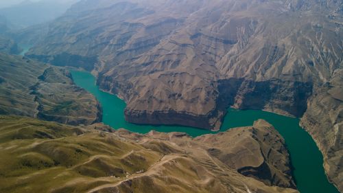 Free A stunning aerial view of the Sulak Canyon with winding river in Dagestan, Russia. Stock Photo