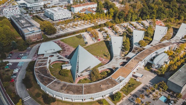 Aerial view of modern architectural structures in Bordeaux, showcasing unique geometric designs.