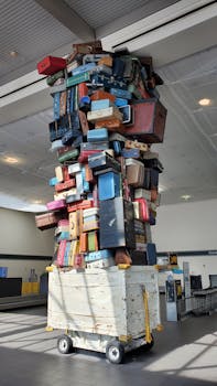 Artistic sculpture of a large pile of suitcases in an airport terminal.