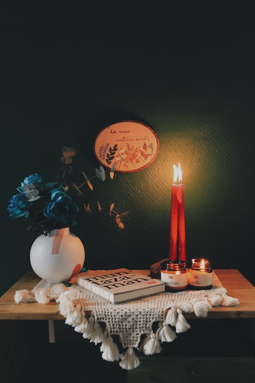 Lighted Candles Beside a Book