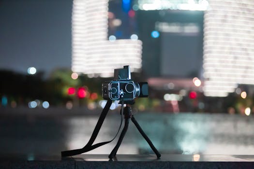 A vintage camera poised on a tripod with a blurred urban nightscape, showcasing bokeh light effects.