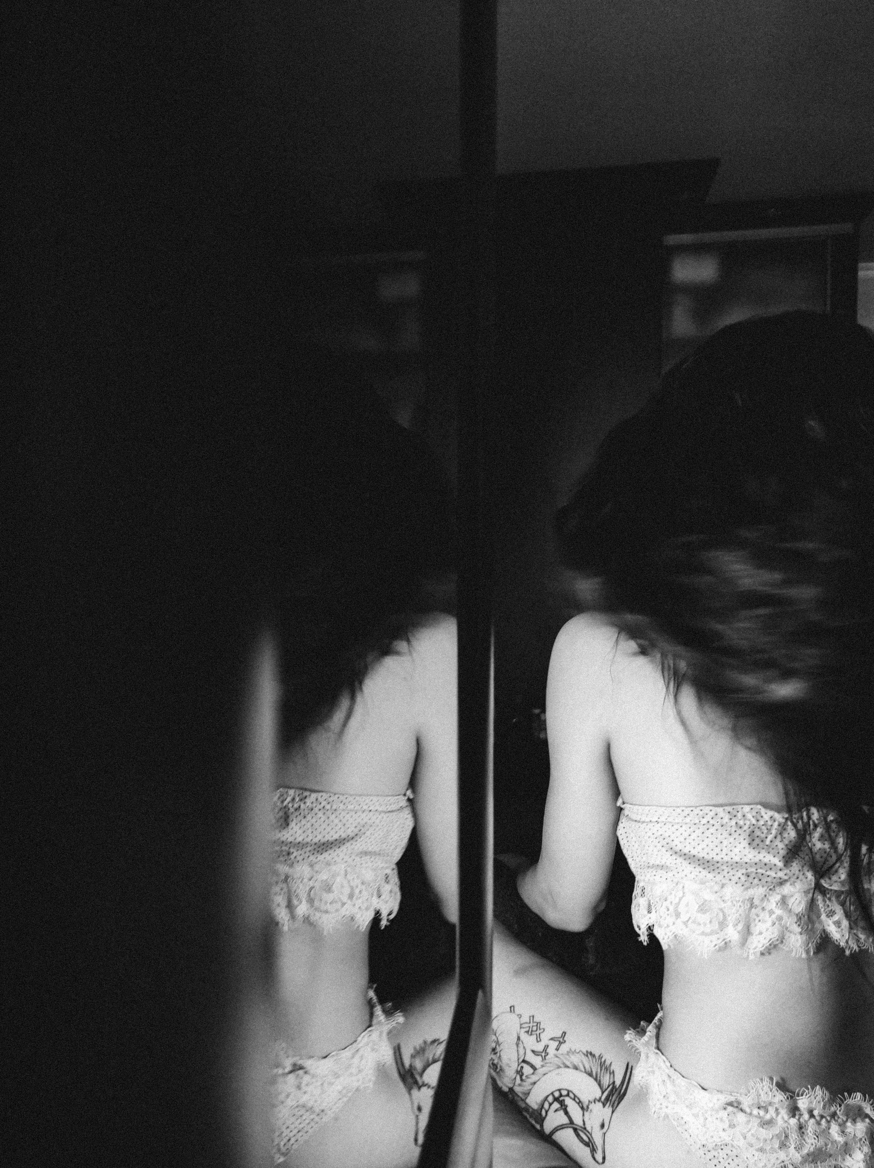 Grayscale Photo of Woman Wearing White Lace Lingerie  Free Stock Photo