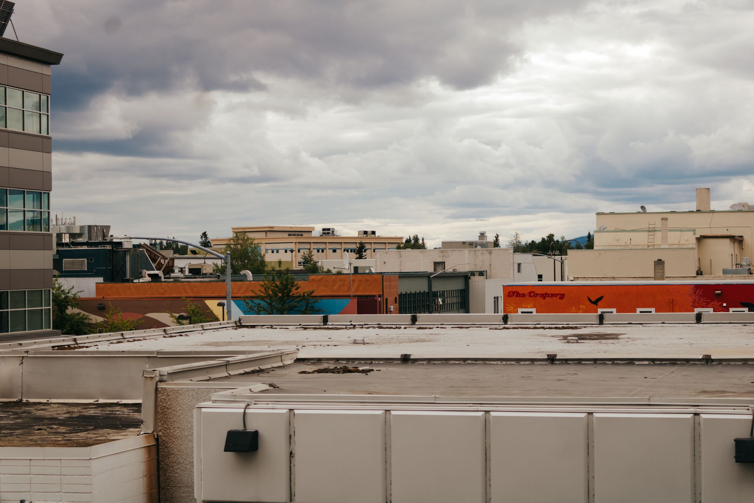 Commercial buildings under a cloudy sky in Fairbanks, Alaska