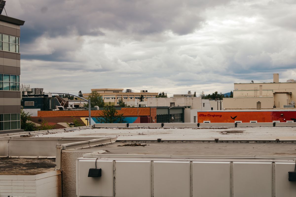 PVC roofing – commercial buildings under a cloudy sky