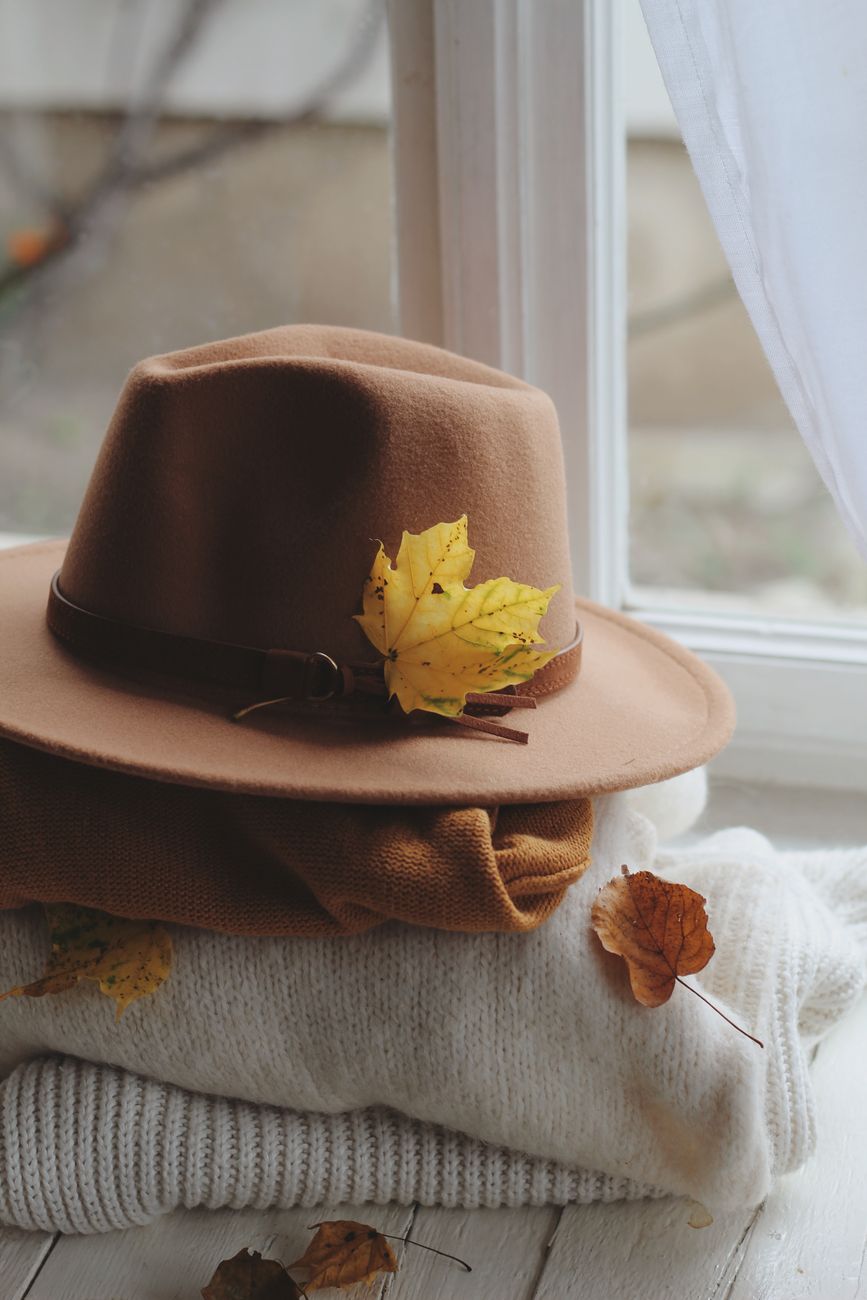 Brown fedora with autumn leaves and cozy sweaters by a window, evoking fall fashion vibes.