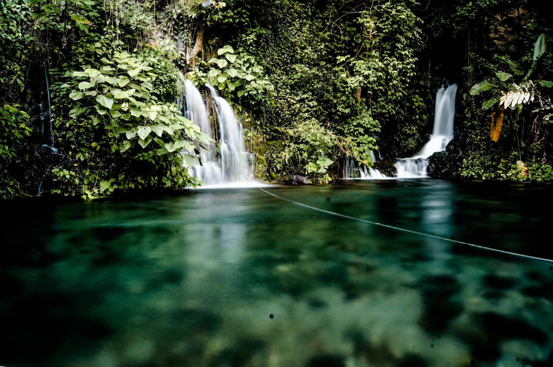 Tranquil waterfall in lush tropical forest, Puente Nacional, Mexico.