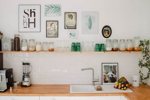 Contemporary kitchen in Estonia featuring wooden shelves, decor elements, and glass jars above a sink.