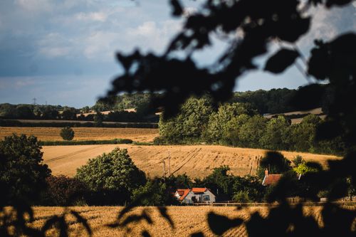 Free Picturesque view of rural farmland with crops and countryside houses, framed by trees. Stock Photo