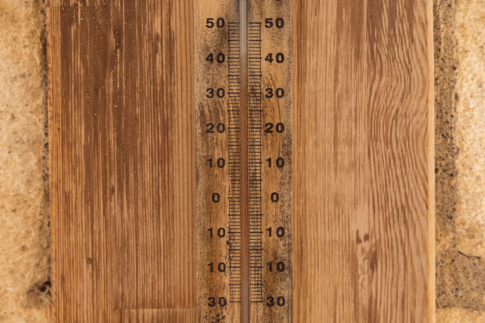 벽에 오래 붙어 있는 온도계의 눈금