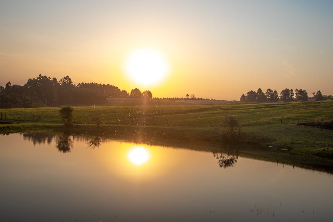 Green Grass Field Near Lake during Sunset