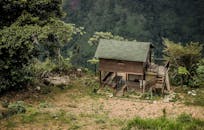 茂密的森林中坐落着一座迷人的木制小屋，背景是郁郁葱葱的山脉，非常适合自然度假