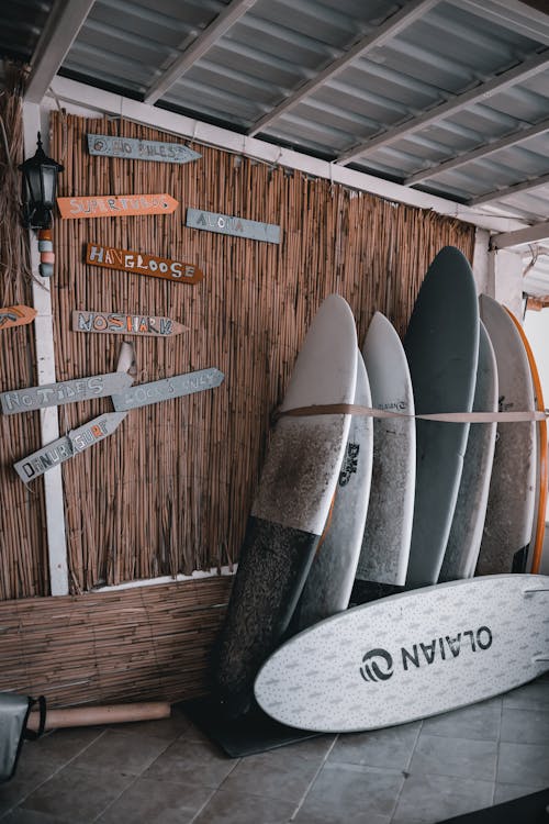 Free Surfboards Leaning on the Wooden Wall Stock Photo