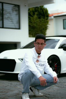 Confident man in white sweater poses by a sleek white car outdoors.