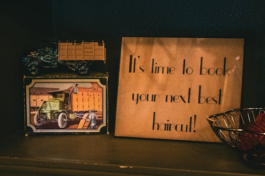 Vintage-inspired decor with a motivational barbershop sign on display shelf.