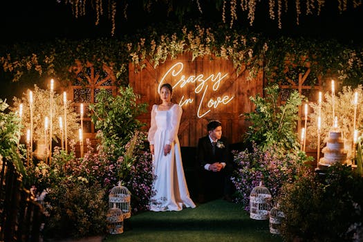 A beautifully decorated wedding night scene with newlyweds in elegant attire and lush greenery.