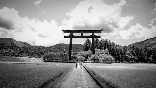 Free Grayscale Photography of People Walking Towards Tori Gate Stock Photo