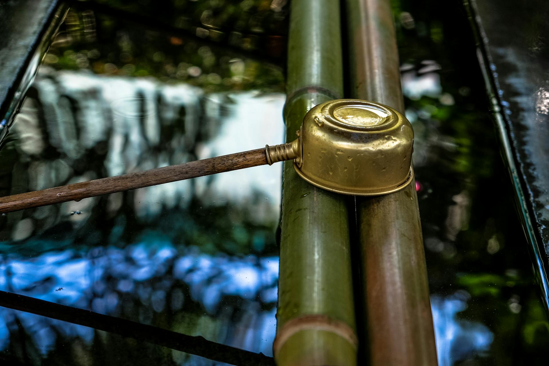 A serene outdoor scene featuring a traditional Japanese bamboo water basin with a brass ladle.